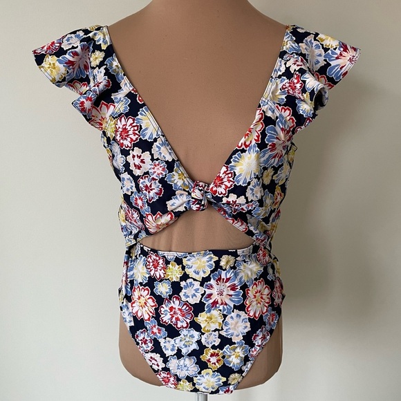 Tanya Taylor Coraline Cut Out Blue Floral Ruffles One Piece Swimsuit NWT Size XL - Picture 3 of 12